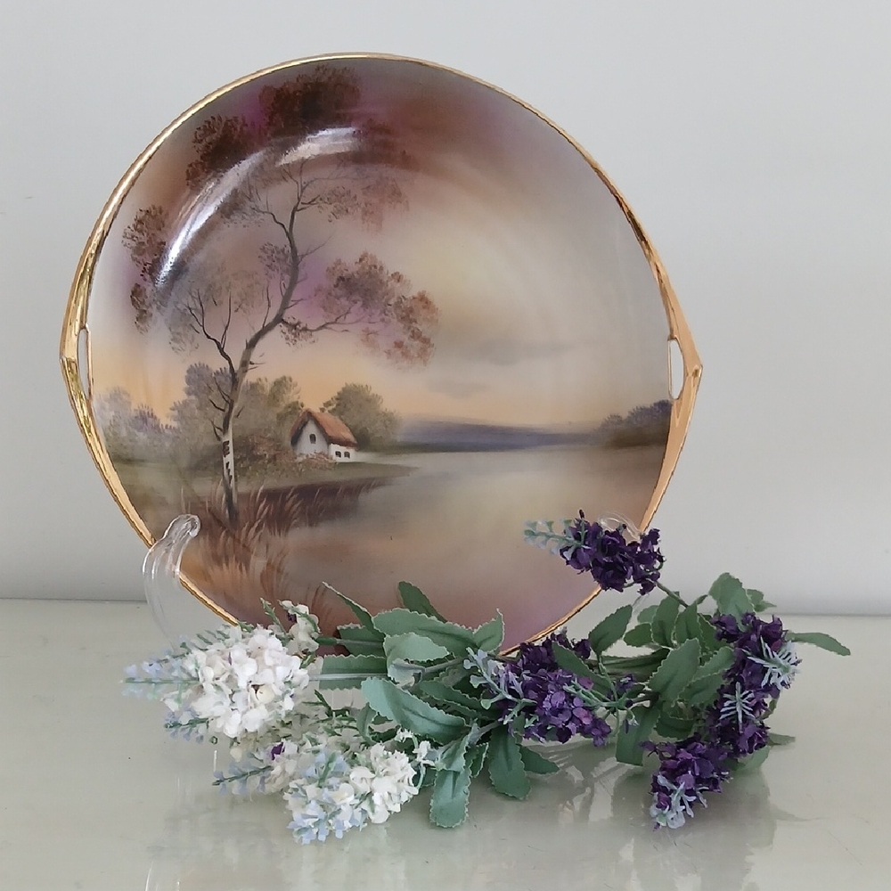Noritake Morimura COTTAGE BY THE LAKE Handpainted Plate 11" Gold Gilt Edge Vtg